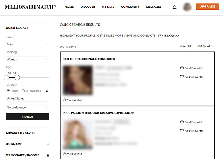 millionairematch search