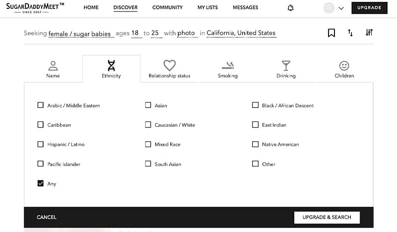 sugar daddy meet search filters