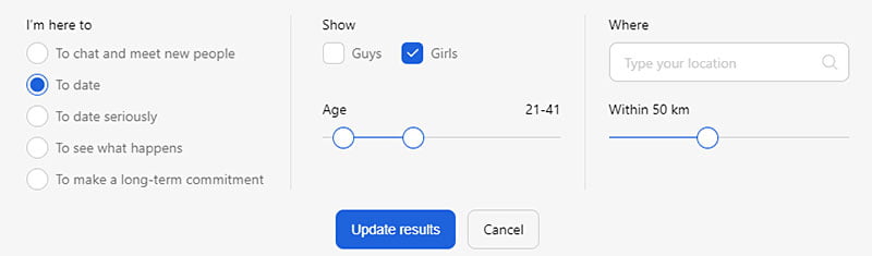hotornot search filters